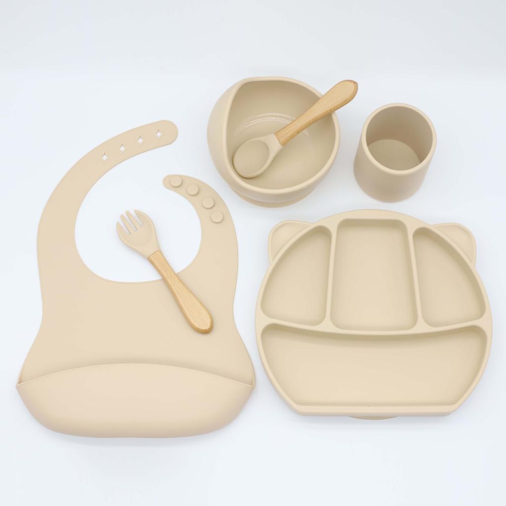 6PCS BPA Free Baby Silicone Tableware Bib Flexible Solid Color Sucker Bowl Spoon Fork for Children Learning Feeding Flatware