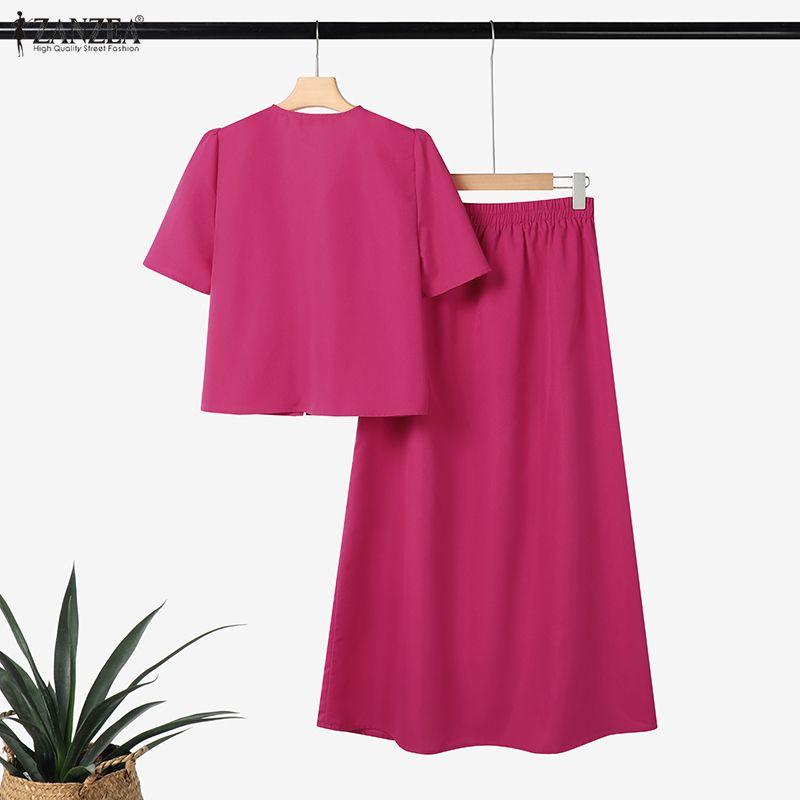 ZANZEA Женские летние комплекты из двух частей: блузка с коротким рукавом и длинные юбки