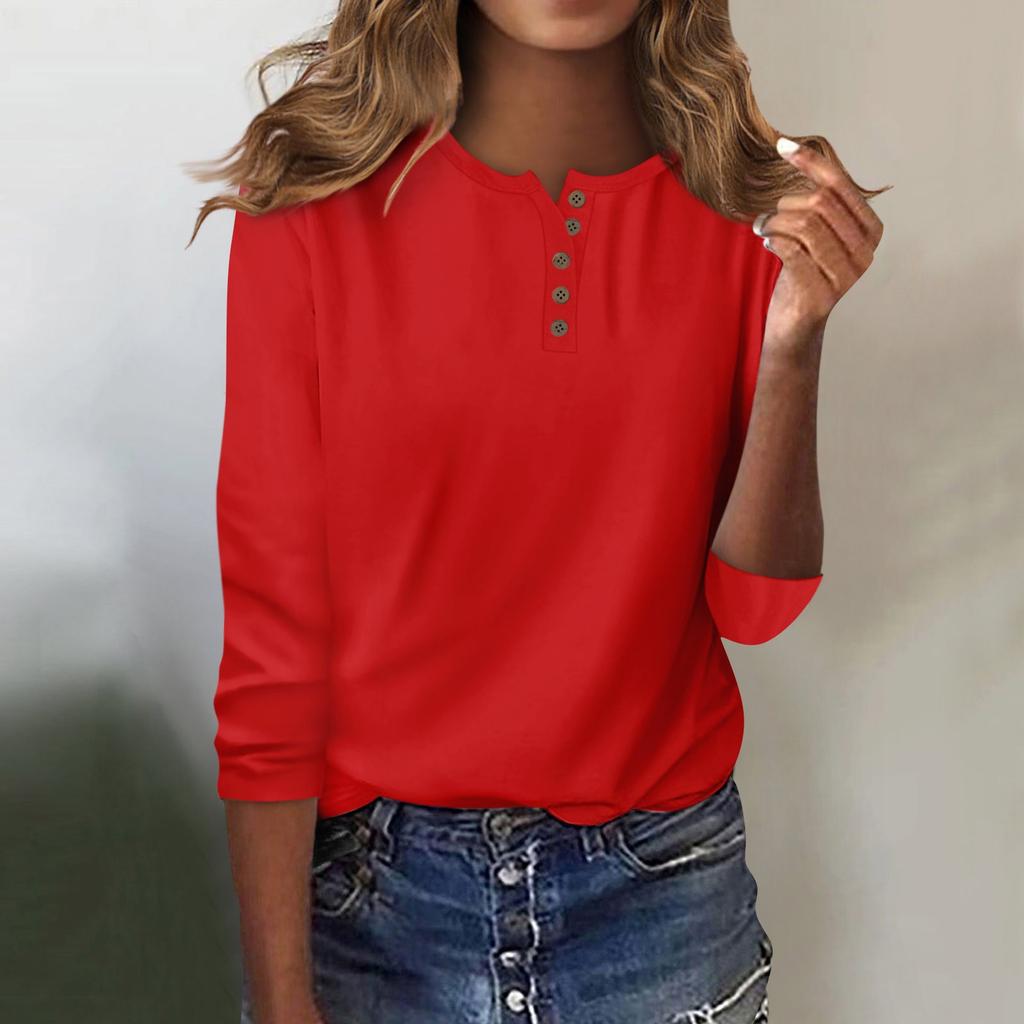 Women's Fashion Casual Round Neck 3/4 Sleeve Loose Solid Color Button T-Shirt Ladies Top