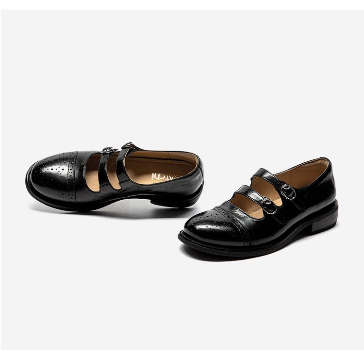 Cowhide Hollow Mary Jane Shoes with Double Straps