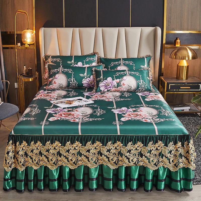 Модный домашний текстиль простыня на резинке летняя юбка для кровати цельное кружевное покрывало в стиле принцессы из ледяного шелка (комплект из трех частей) покрывало для кровати, пригодное для машинной стирки