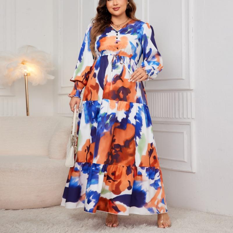 Женское платье большого размера со свободным принтом средней длины с V-образным вырезом и высокой талией