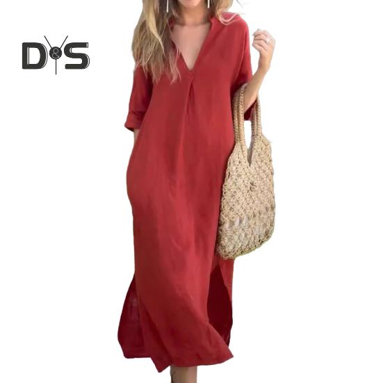 Summer Dress Three-quarter Sleeves Side Slit Loose V Neck Midi Dress with Pockets Solid Color Pleated Pullover Calf Length Casual Dress