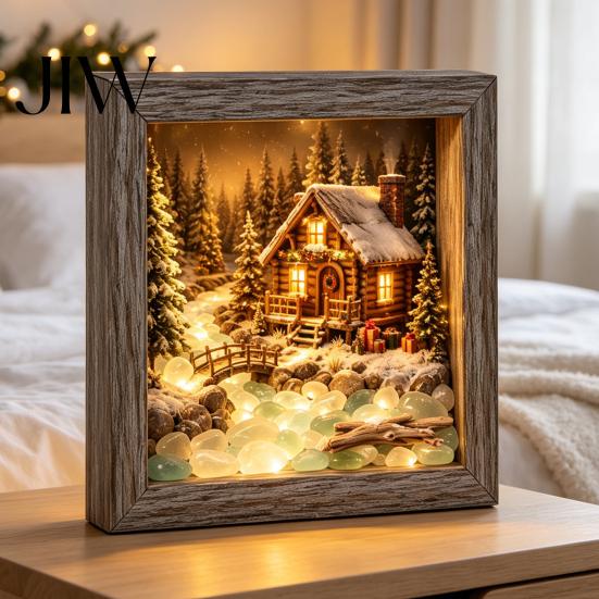 Winter Birthday Present Christmas Snowy Night Light Picture Frame, Vintage Wooden Frame 3D Mini Retro Wood Photo Landscape Lamp, Desktop Atmosphere