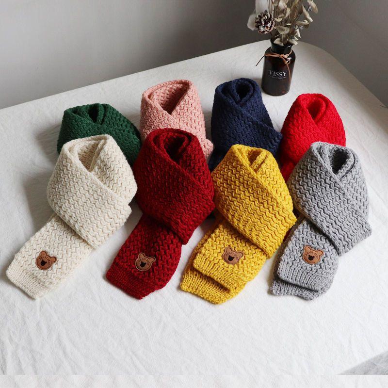 Baby Winter Scarf Knitted Thick Warm Neck Warmer Windproof with Bear Logo for Infant Boy Girl Korean Style Unisex Accessory
