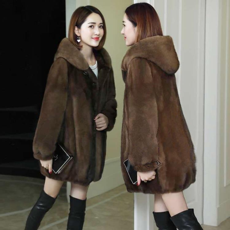 Autumn and Winter Faux Mink Fur Coat, Women's Hooded Mid To Long Fur Coat, Korean Version Mink Fur Coat