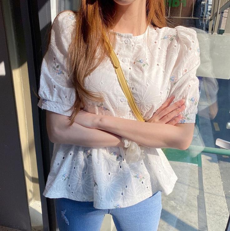 Женская рубашка с рукавами-фонариками, летняя, в новом стиле, в стиле вестерн, с ажурным кружевом, с мятым узором, белая