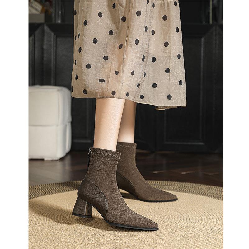 Тонкие остроносые сапоги на высоком каблуке 2024 года, новые женские сапоги на среднем каблуке, осенне-зимние сапоги средней высоты, модные сапоги на толстом каблуке, французские короткие сапоги