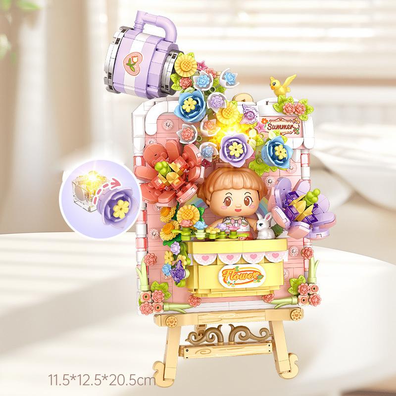 Construction Idea Art Summer Flower Mahjong Panda 3D Easel Painting Micro Diamond Brick Toys With Light Building Block For Gifts