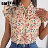 Женские модные повседневные летние блузки без рукавов с v-образным вырезом с цветочным принтом и шифоновые рубашки с бантом на деревянной отделке ушей