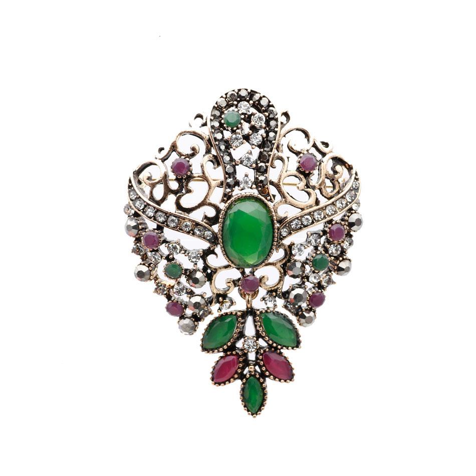 Women's Ethnic Hollow Flower Retro Brooch Antique Gold Color Circular Resin Scarf Corsage Light Jewelry Gift