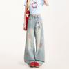 Womens Retro Straight Wide Leg Jeans American Style Cartoon Embroidery Casual Washed Denim Pants
