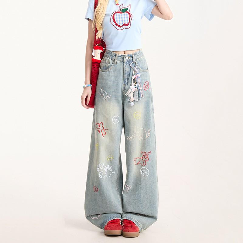 Womens Retro Straight Wide Leg Jeans American Style Cartoon Embroidery Casual Washed Denim Pants