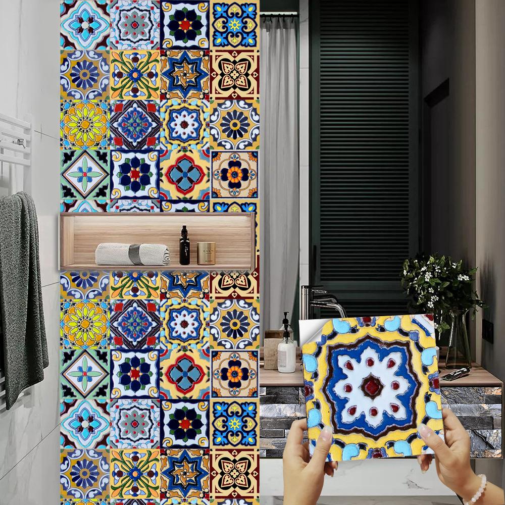 16pcs Retro Moroccan Tiles Wall Sticker Kitchen Backsplash Cupboard Bathroom Decoration Waterproof Self-adhesive Art Wall Decals