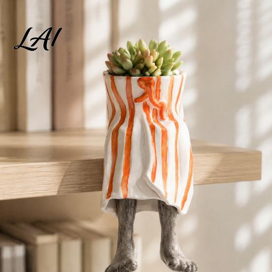 Resin Succulents Pot with Drainage Funny Leggy Human Shaped Planter Creative Legs Sitting Figurine Flower Pot Unique Planter for Indoor Home