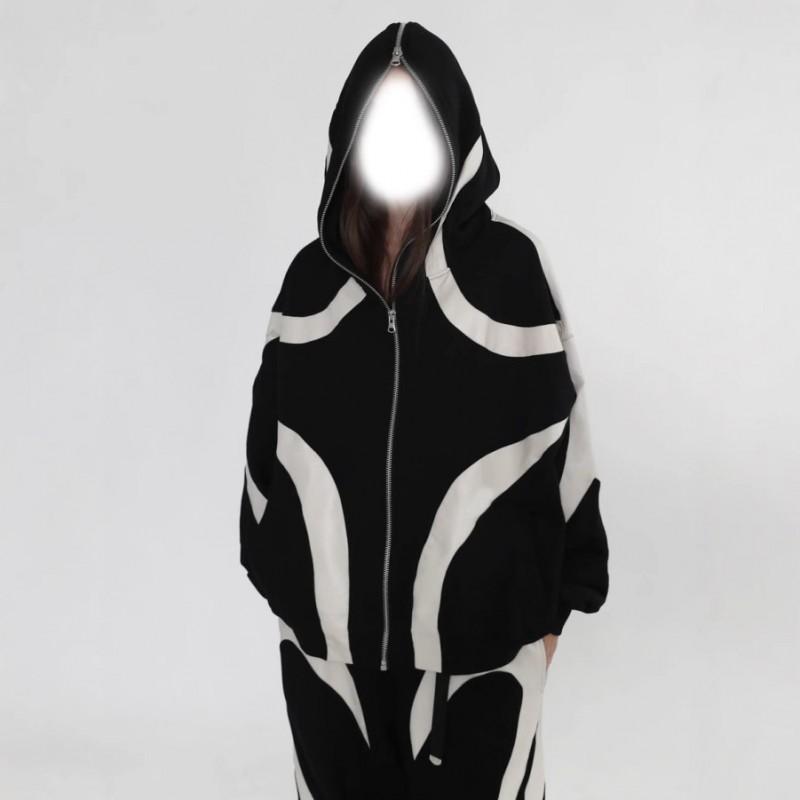 Unisex Oversized Hooded Zip-Up Sweatshirt Streetwear Contrast Color Long Sleeve Casual Top