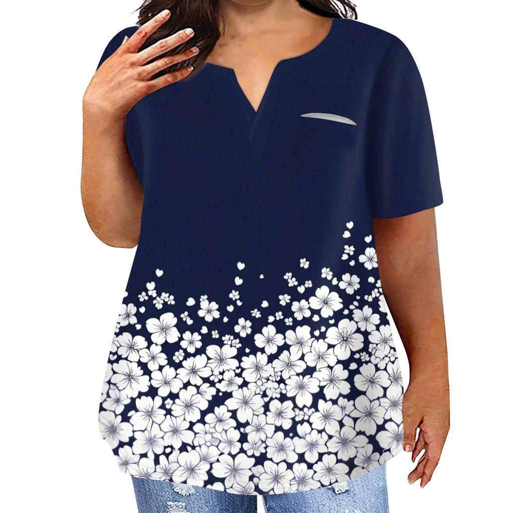 Женская футболка большого размера, повседневный топ с карманами и V-образным вырезом с короткими рукавами