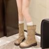Модные Новые 2024 Осень Женские Ботинки на Платформе Хаки Замшевые Плиссированные Ботинки до Середины Икры Ретро Мода Бант Западные Ковбойские Ботинки Рыцарские Ботильоны