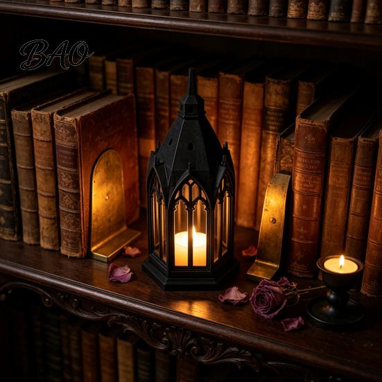 Luminous Figurine for Home Gothic Cathedral LED Candle Lantern, Church Shaped Flameless Tealight Lamp, Holiday Party Ornament Spooky Vintage
