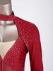 Womens Lyrical Dance Rhinestones Bodysuit Dress Single Long Sleeve Irregular Mesh Hem Dress