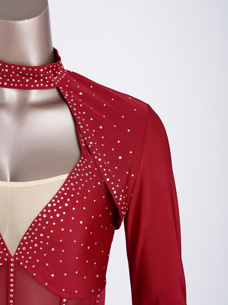Womens Lyrical Dance Rhinestones Bodysuit Dress Single Long Sleeve Irregular Mesh Hem Dress