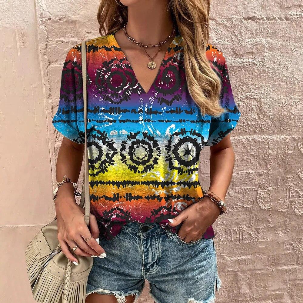 Женская футболка с v-образным вырезом, топы с 3d принтом тай-дай, футболки 5XL, летняя модная женская одежда, повседневный уличный женский пуловер большого размера