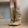 Мода 2025 года, высокие остроносые плиссированные ботфорты с присборенным голенищем, женские облегающие ретро-вестерн сапоги средней высоты