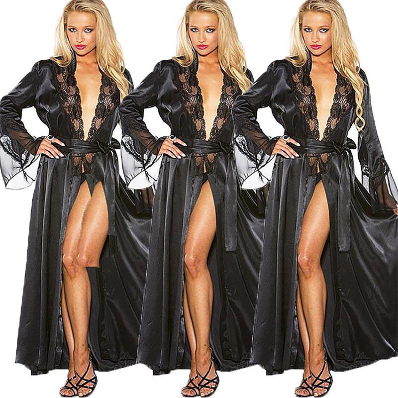 Sexy Lingerie Dress Women Nightdress Satin Silk Sleepwear Robe Lace Gown Nighwear EMA