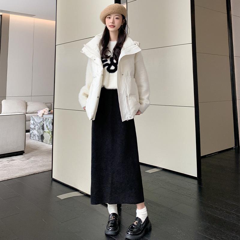 Maillard High Waist Wool Skirt for Women - Plus Size Autumn/Winter Slimming, High-End Design, Long Slit.