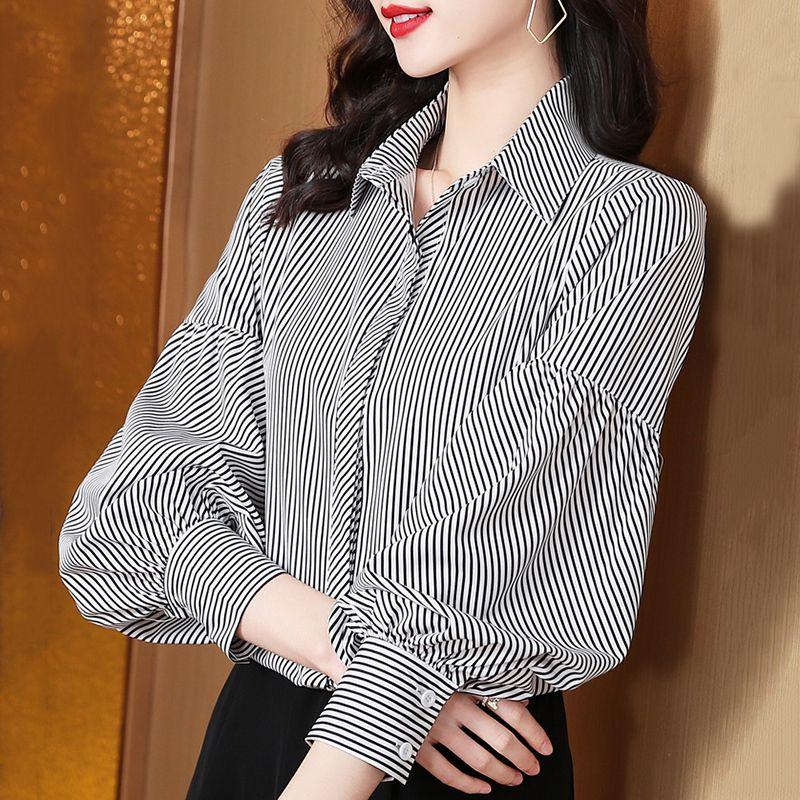 WTEMPO Striped Chiffon Shirt Women Korean Fashion Top Temperament Long-sleeved Versatile Shirt