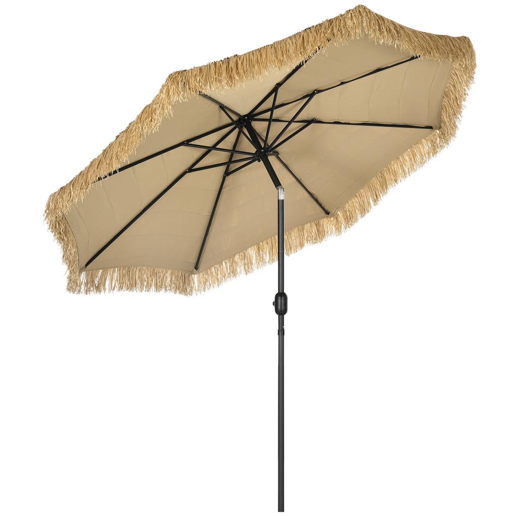Round Garden Umbrella with Straw Canopy and Crank Handle. 265x250cm. Khaki