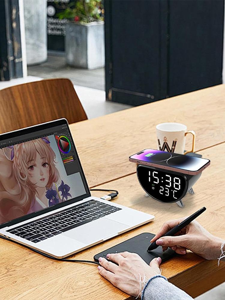 Многофункциональный будильник, часы с температурой, беспроводное зарядное устройство, светодиодное зарядное устройство «три в одном» для мобильного телефона