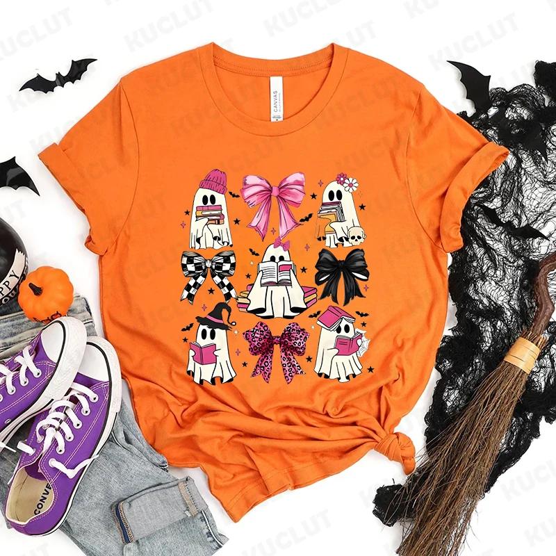 Happy Halloween Модная женская футболка Летние повседневные топы Жуткие сезонные футболки Хэллоуин Тыквы Футболки с привидениями Подарки на Хэллоуин