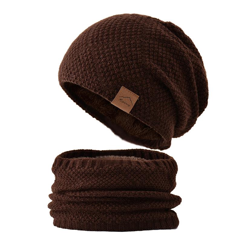 Men's Autumnn Winter Solid Color Knitted Hat and Scarf Set Thicken Warm Fleece Lined Cold-resistant Hat and Neckerchief for Men