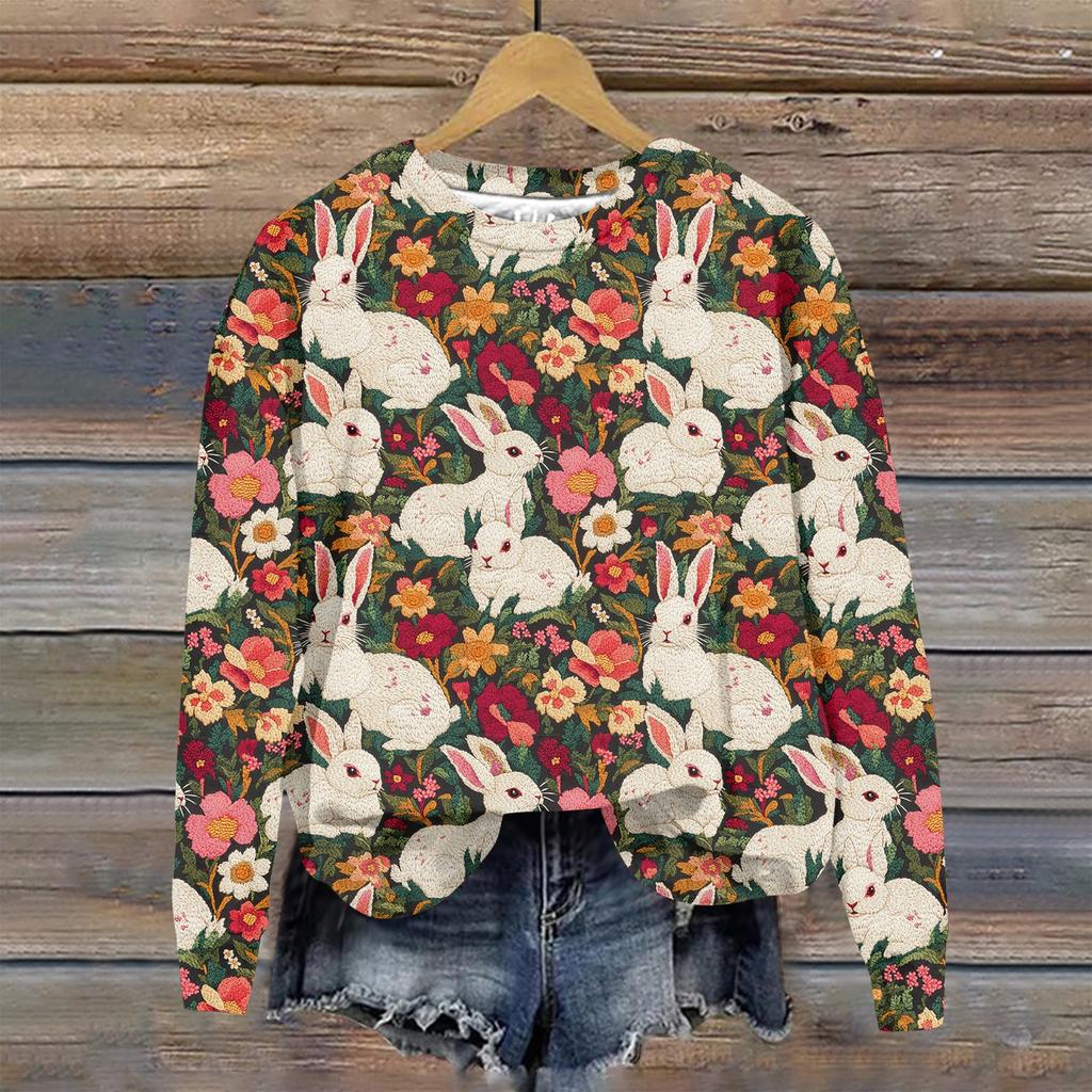 Женская мода Пасха Печатный Длинный рукав Свободный круглый вырез Толстовка Топ