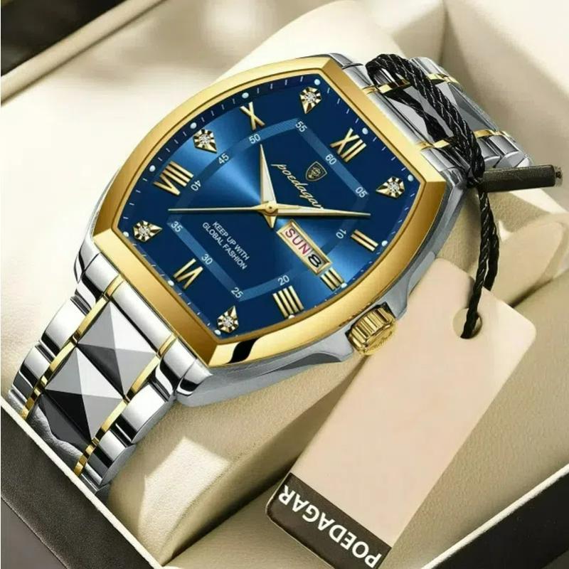 POEDAGAR Luxury Stainless Steel Watches for Man Luminous Waterproof Date Week Men Watch Tonneau Case Men's Quartz Watches