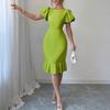 Women's Short Puff Sleeve Bodycon Dresses Crew Neck Ruffle Mermaid Hem Dress Cocktail Wedding Guest Midi Dress