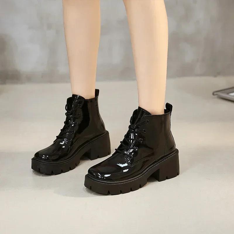 Women's Shoes 2024 High Quality Lace Up Women's Boots Autumn Winter Round Toe Solid Short Barrel Chunky Heels Fashion Boots