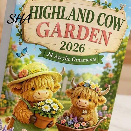 Indoor Festive Decorations Highland Cow Garden Advent Calendar 2026, 24 Day Christmas Countdown with 2D Decorative Window Ornaments Acrylic