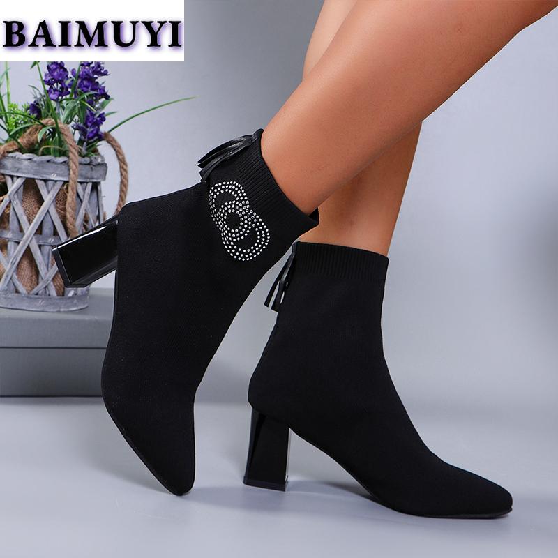 Женские ботильоны на высоком каблуке с кристаллами, остроносые туфли 2025 года, роскошные вязаные толстые зимние ботинки челси, туфли-лодочки Mujer Botas