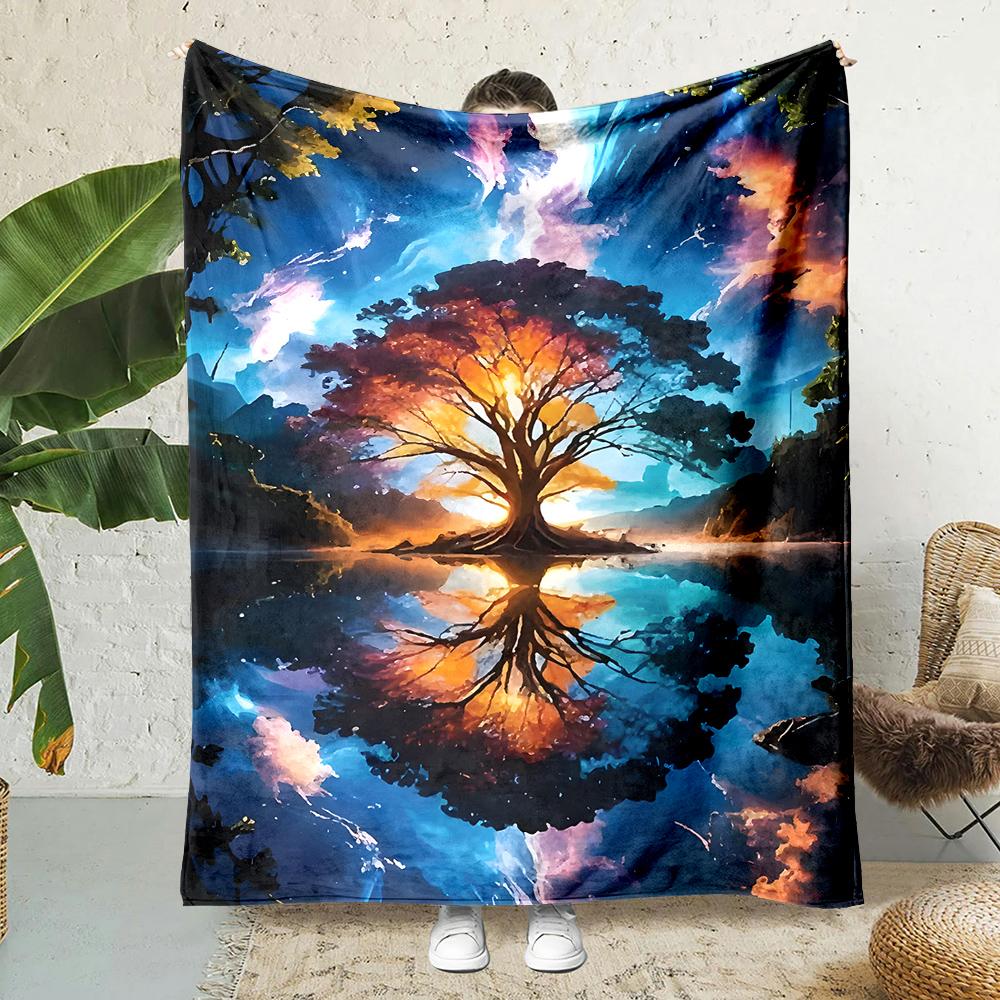 1PC Vibrant tree reflected in cosmic sky Print Blanket Warm Soft Fluffy s and Adult Sofa Bed Throw Outdoor Travel Camping RV