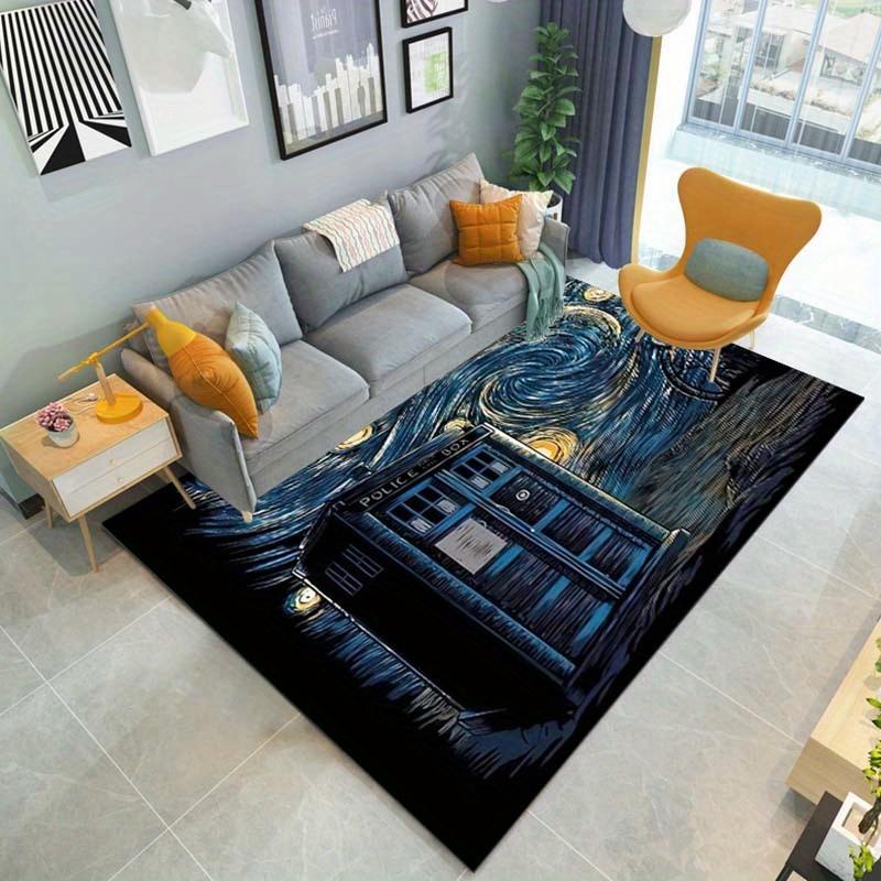 Van Gogh Starry Night & TARDIS Print Rug, Sci-Fi Police Box Non-Slip Floor Mat for Kids Room Living Room Bedroom Decor Carpet