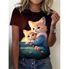 Женская повседневная футболка с принтом «кошка» — топ с коротким рукавом и круглым вырезом на весну и лето — удобный и стильный вариант одежды