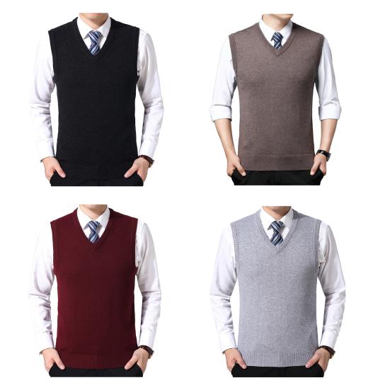 Men Vest Sweater V Neck Sleeveless Slim Fit Solid Color Knitted Pullover Slim Fit Mid Length Thickened Business Style Sweater