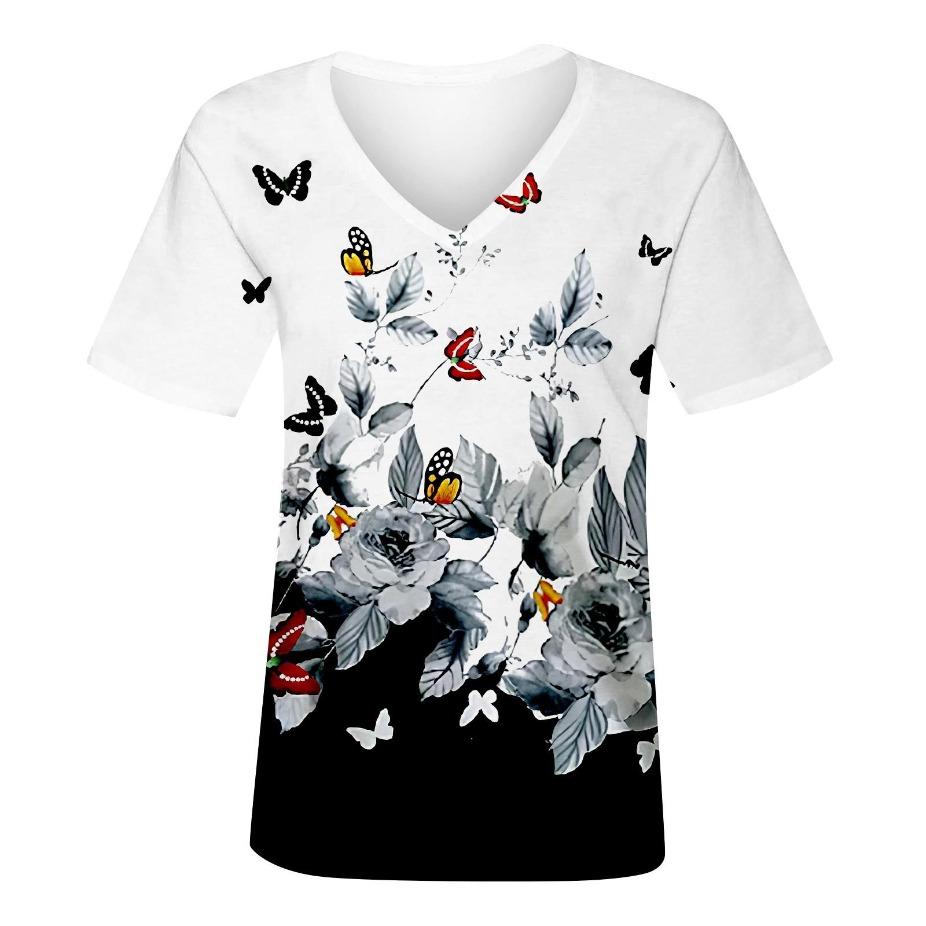 Женские летние топы, повседневная базовая футболка с V-образным вырезом и цветочным принтом, с коротким рукавом