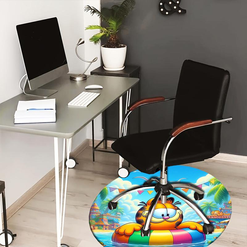 1pc Garfield at the beach with inflatable ring. Round carpet, Made of Polyester,Perfect for Decorating Office Chairs, Living Rooms fplt766