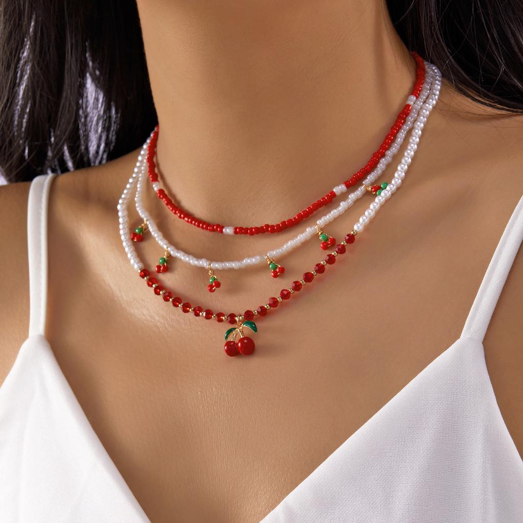 Romantic Heart Pearl Choker Necklace With Cherry And Strawberry Charms For Girls