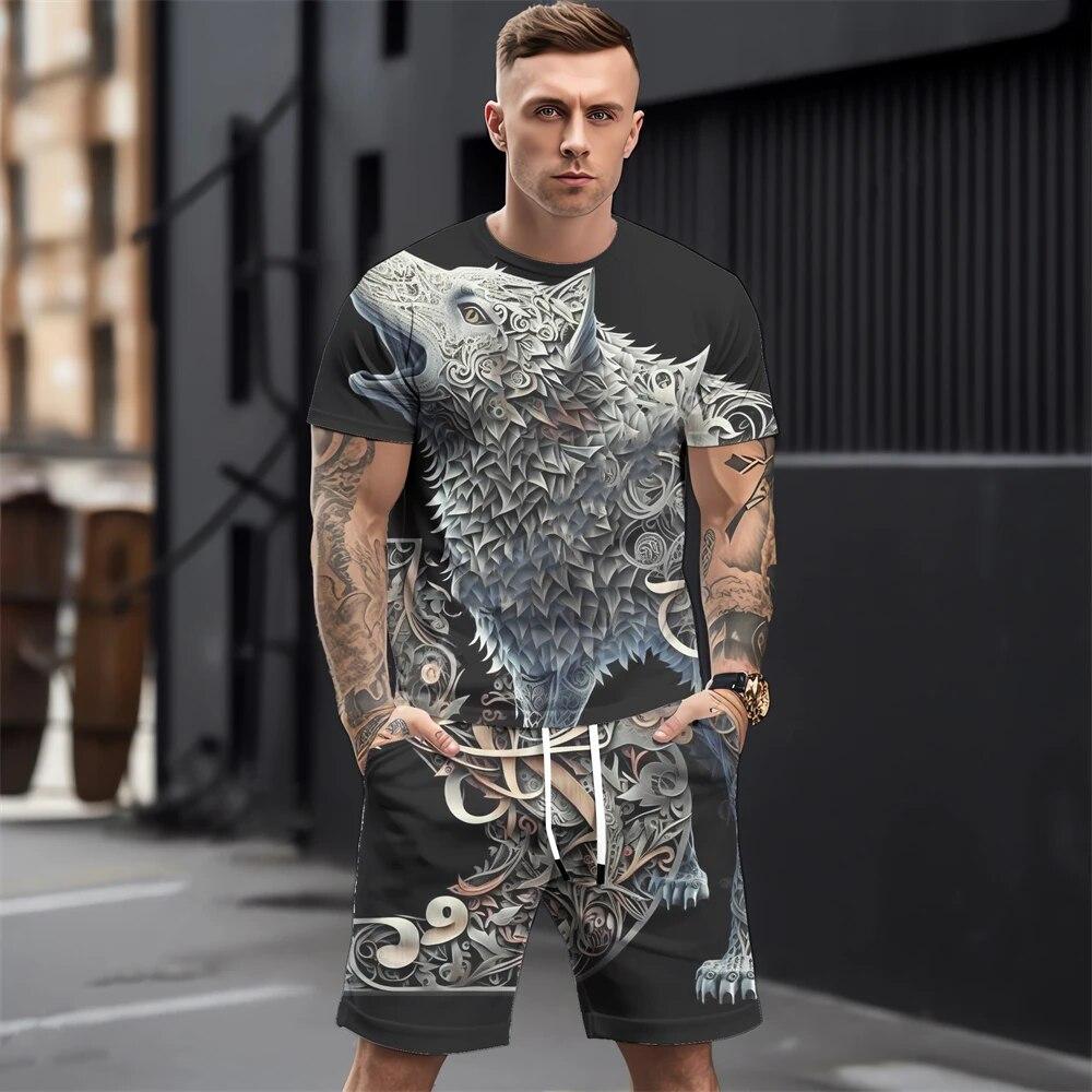 Летние мужские комплекты футболок, модная одежда с 3D принтом животных, необходимая одежда для мужчин, повседневный спортивный костюм, спортивный костюм из двух предметов для бега, спортзала