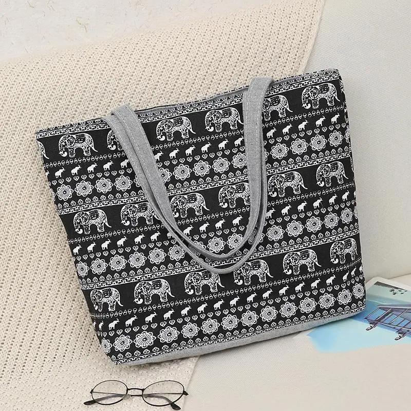 WTEMPO Double-sided Printed Women's Single Shoulder Bags Large Capacity Handbags Large Ethnic Style Leisure Shopping Tote Bags