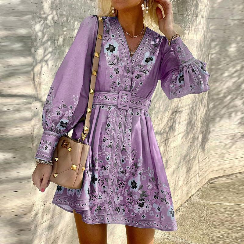 2025 Autumn New Style, Women's Wear, Long Sleeve, V-neck, Loose, Printed, Bohemian, Dress, Retro Flower Pattern